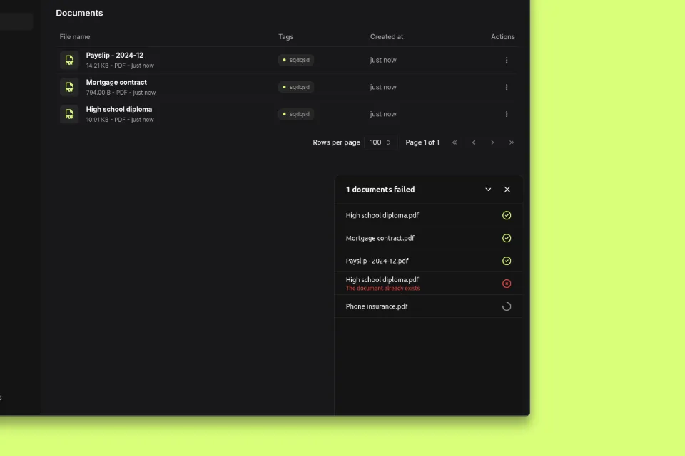 Upload status popup